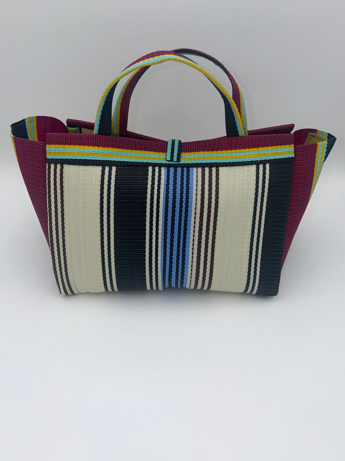 Pearl Large handwoven tote bag by SCRUBIES in Cream,,Wine,Black with Stripes design and Leaf accent pattern