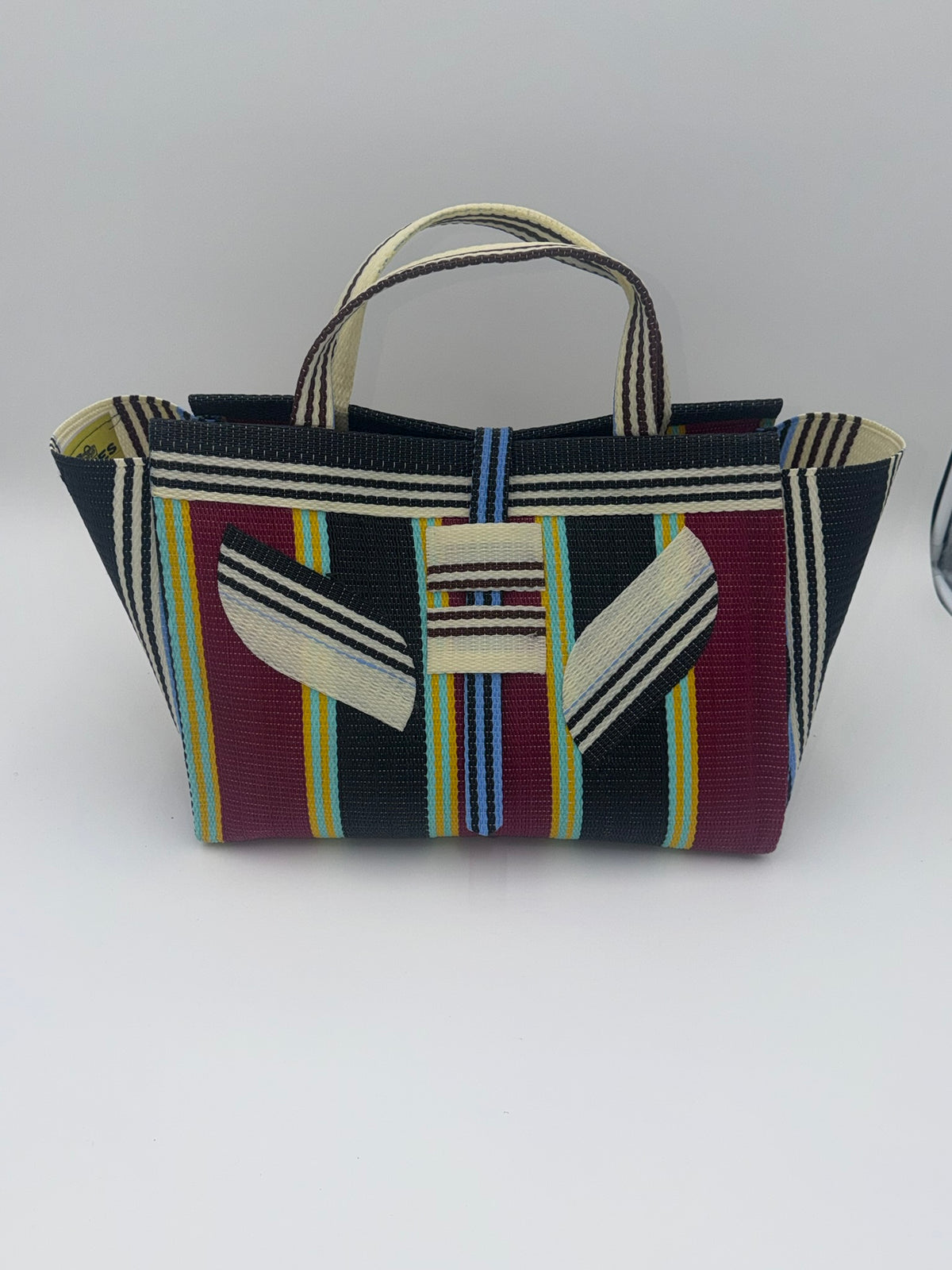 Winery Large handwoven tote bag by SCRUBIES in Bowwine,Black,Cream, with Stripes design and Leaf accent pattern