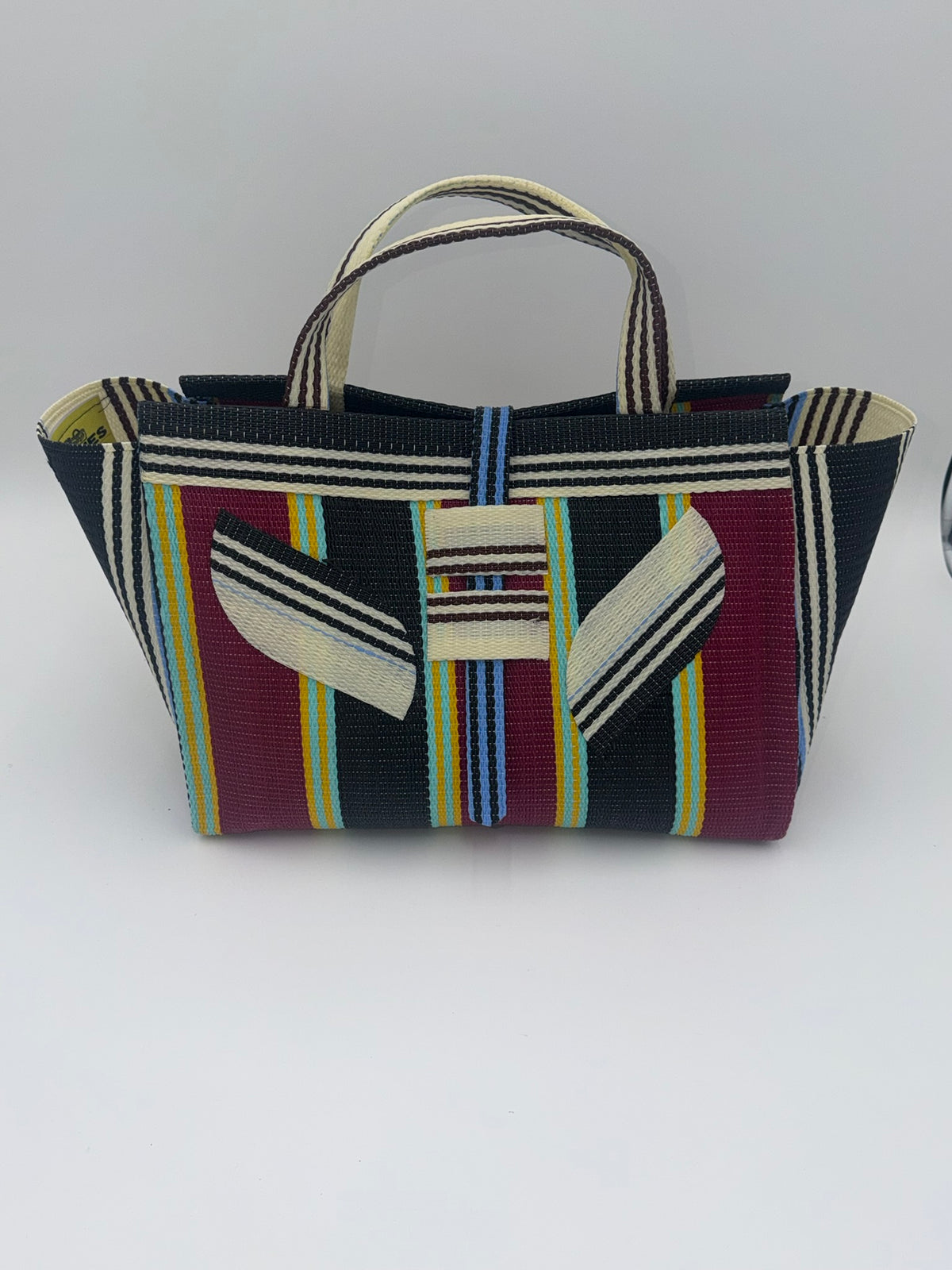 Winery Large handwoven tote bag by SCRUBIES in Bowwine,Black,Cream, with Stripes design and Leaf accent pattern