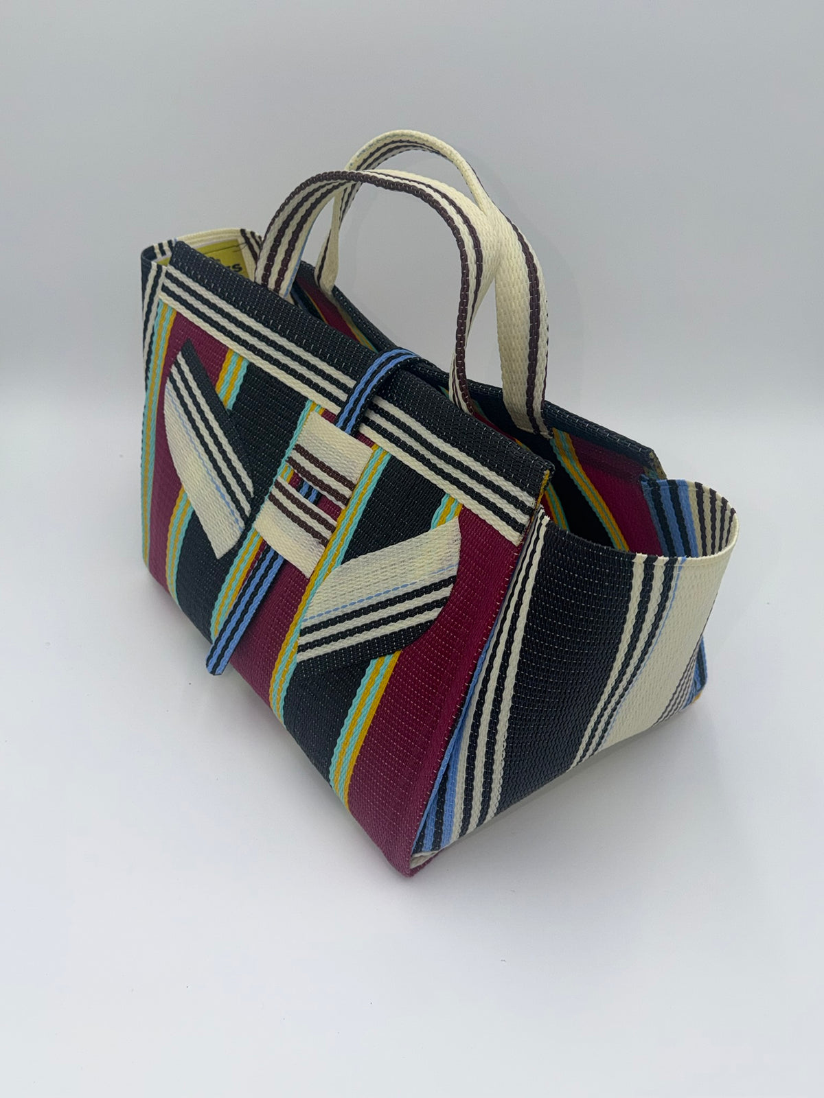 Winery Large handwoven tote bag by SCRUBIES in Bowwine,Black,Cream, with Stripes design and Leaf accent pattern