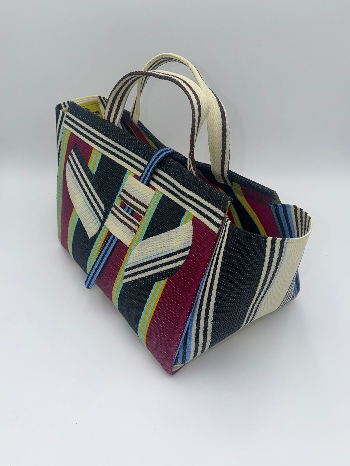 Winery Large handwoven tote bag by SCRUBIES in Bowwine,Black,Cream, with Stripes design and Leaf accent pattern