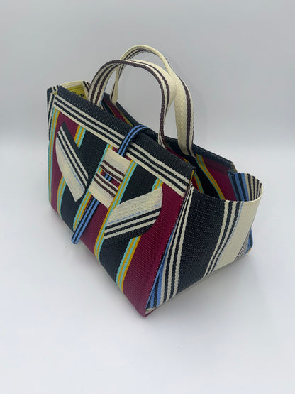 Winery Large handwoven tote bag by SCRUBIES in Bowwine,Black,Cream, with Stripes design and Leaf accent pattern