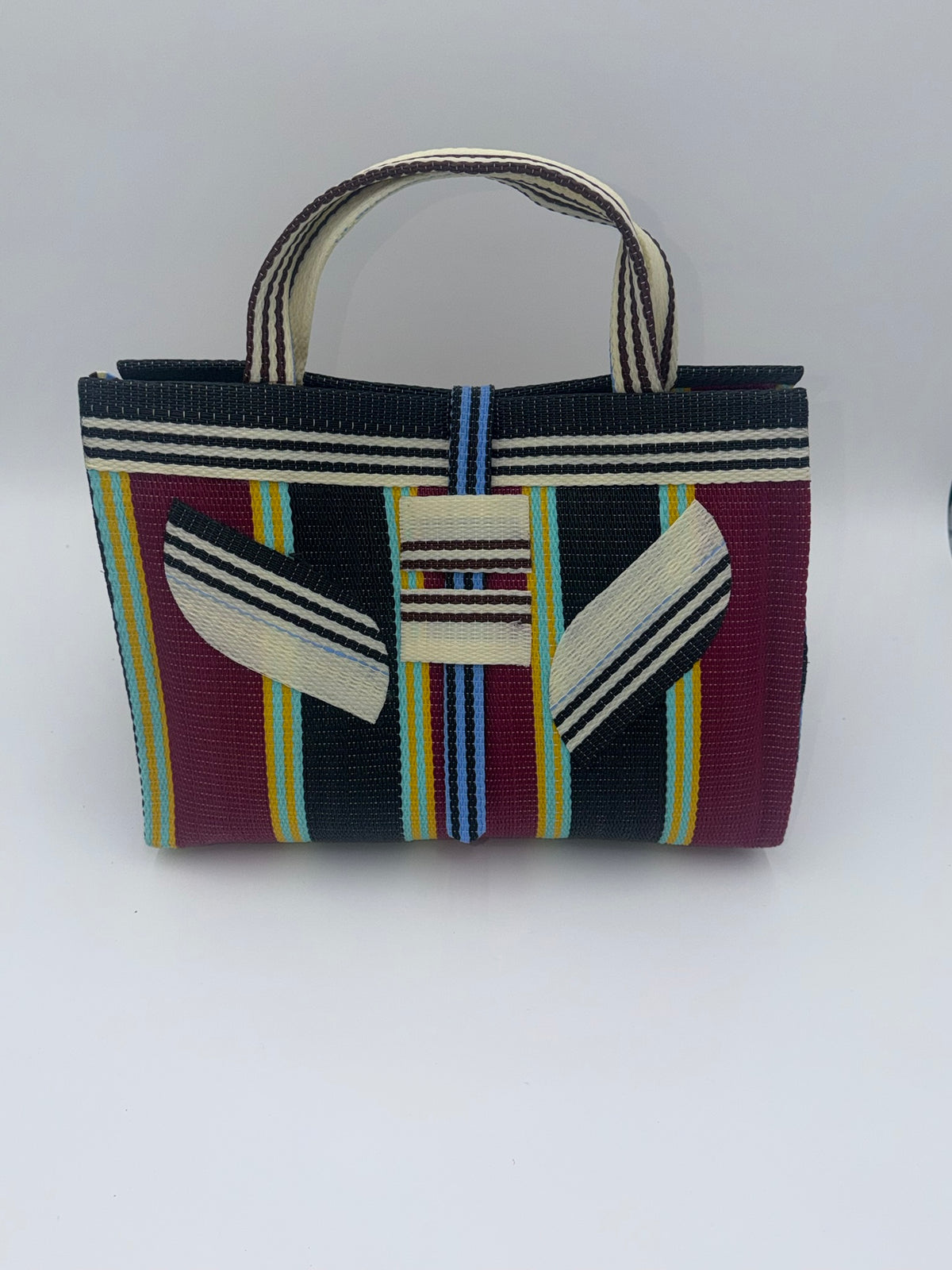Candy Large handwoven tote bag by SCRUBIES in Wine,Black,Cream, with Stripes design and Leaf accent pattern