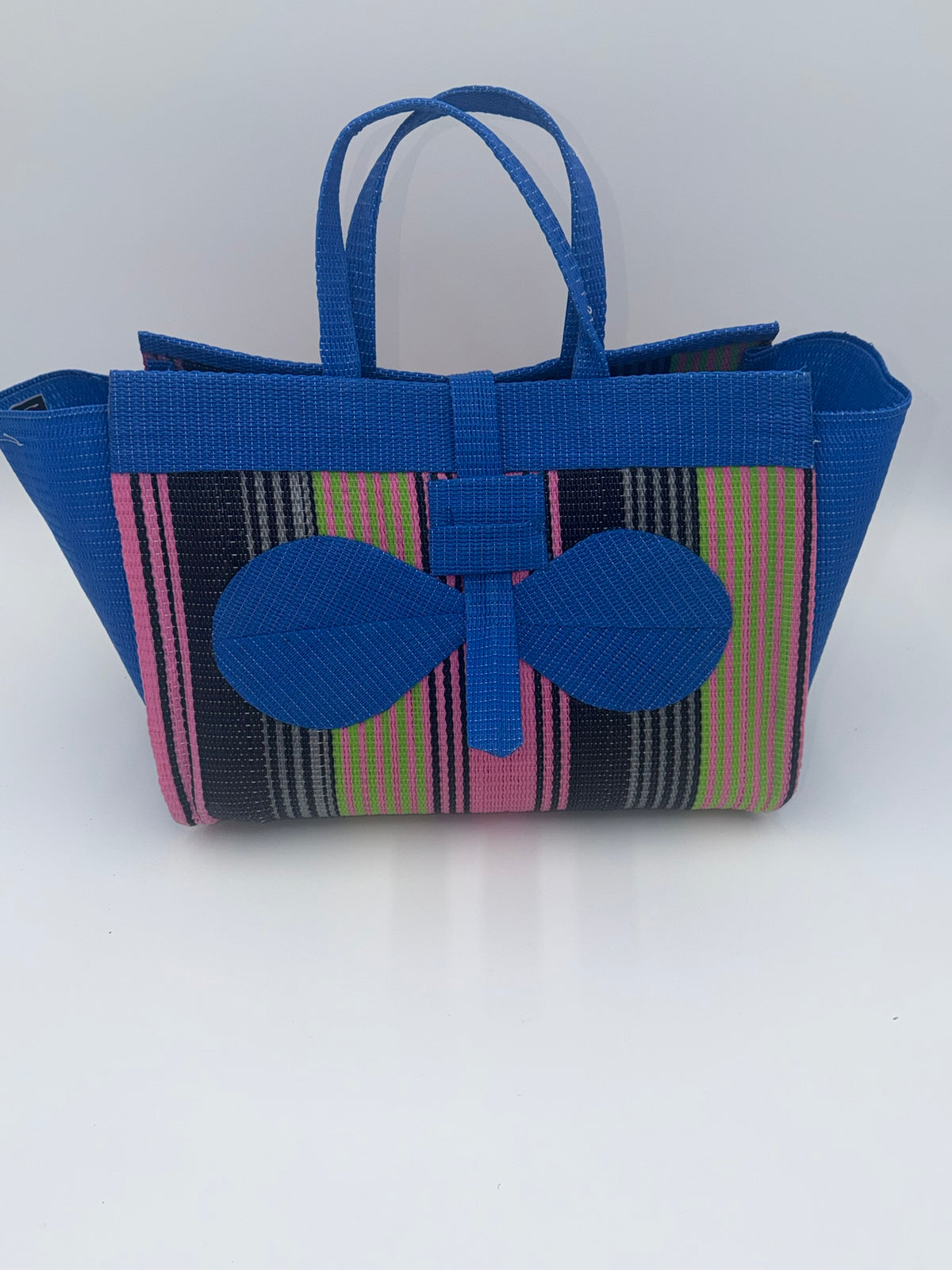 Candy Large handwoven tote bag by SCRUBIES in Blue,Pink,Black with Stripes design and Bow accent pattern