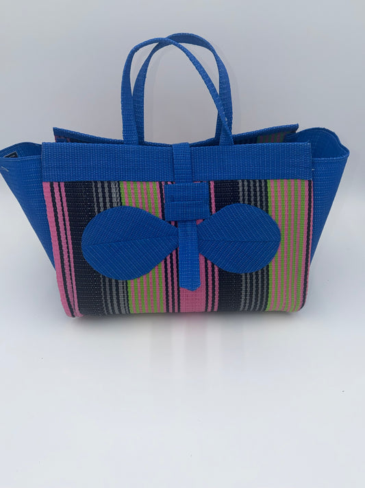Candy Large handwoven tote bag by SCRUBIES in Blue,Pink,Black with Stripes design and Bow accent pattern