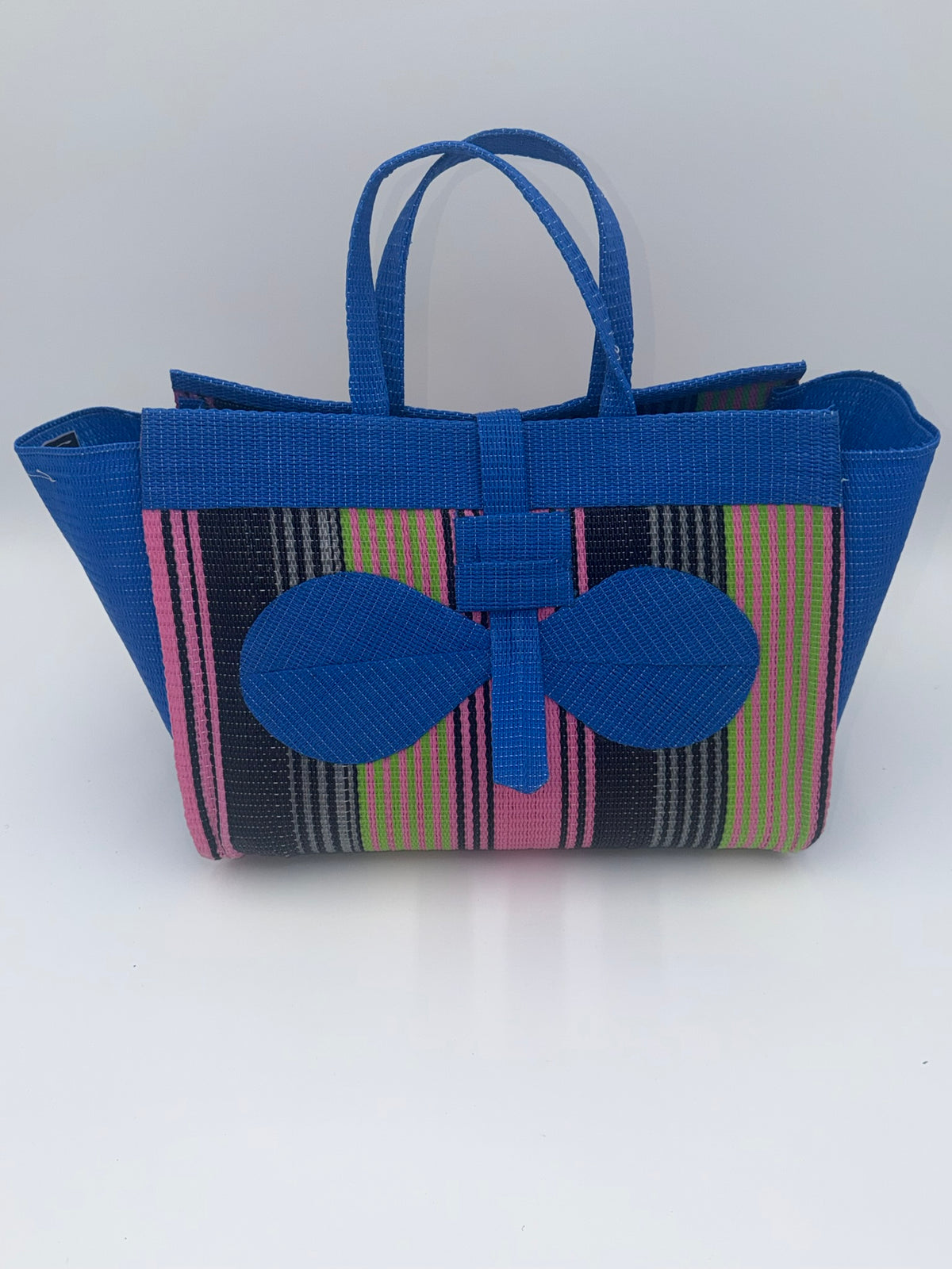 Candy Large handwoven tote bag by SCRUBIES in Blue,Pink,Black with Stripes design and Bow accent pattern