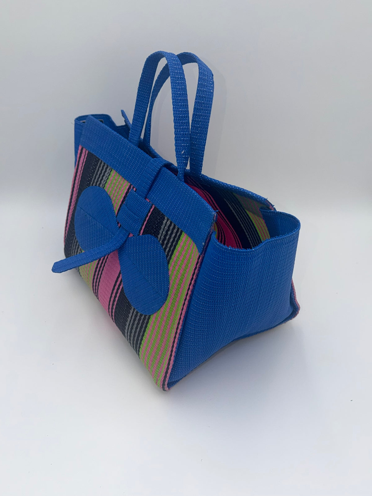 Candy Large handwoven tote bag by SCRUBIES in Blue,Pink,Black with Stripes design and Bow accent pattern