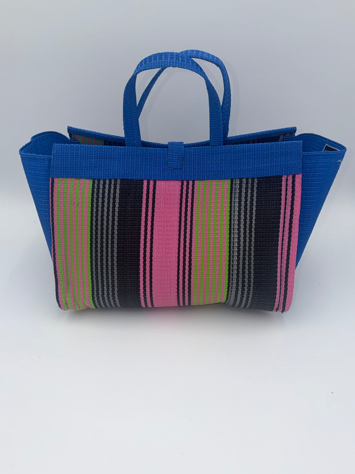 Candy Large handwoven tote bag by SCRUBIES in Blue,Pink,Black with Stripes design and Bow accent pattern