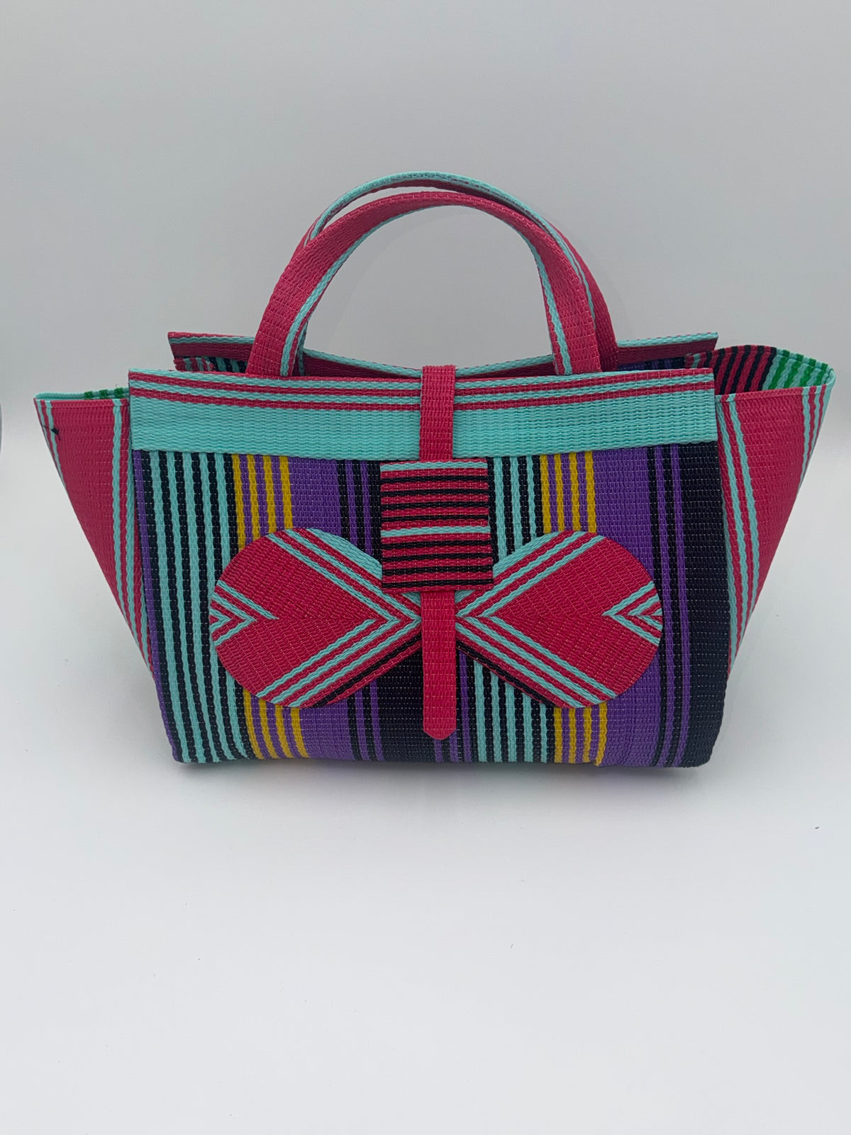 Candy Large handwoven tote bag by SCRUBIES in Pink,Teal,Purple,Black with Stripes design and Bow accent pattern