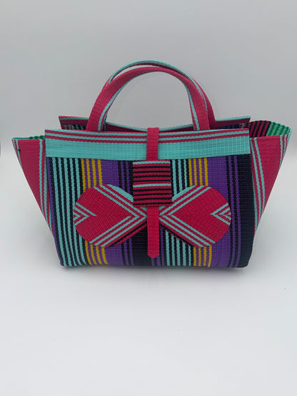 Candy Large handwoven tote bag by SCRUBIES in Pink,Teal,Purple,Black with Stripes design and Bow accent pattern