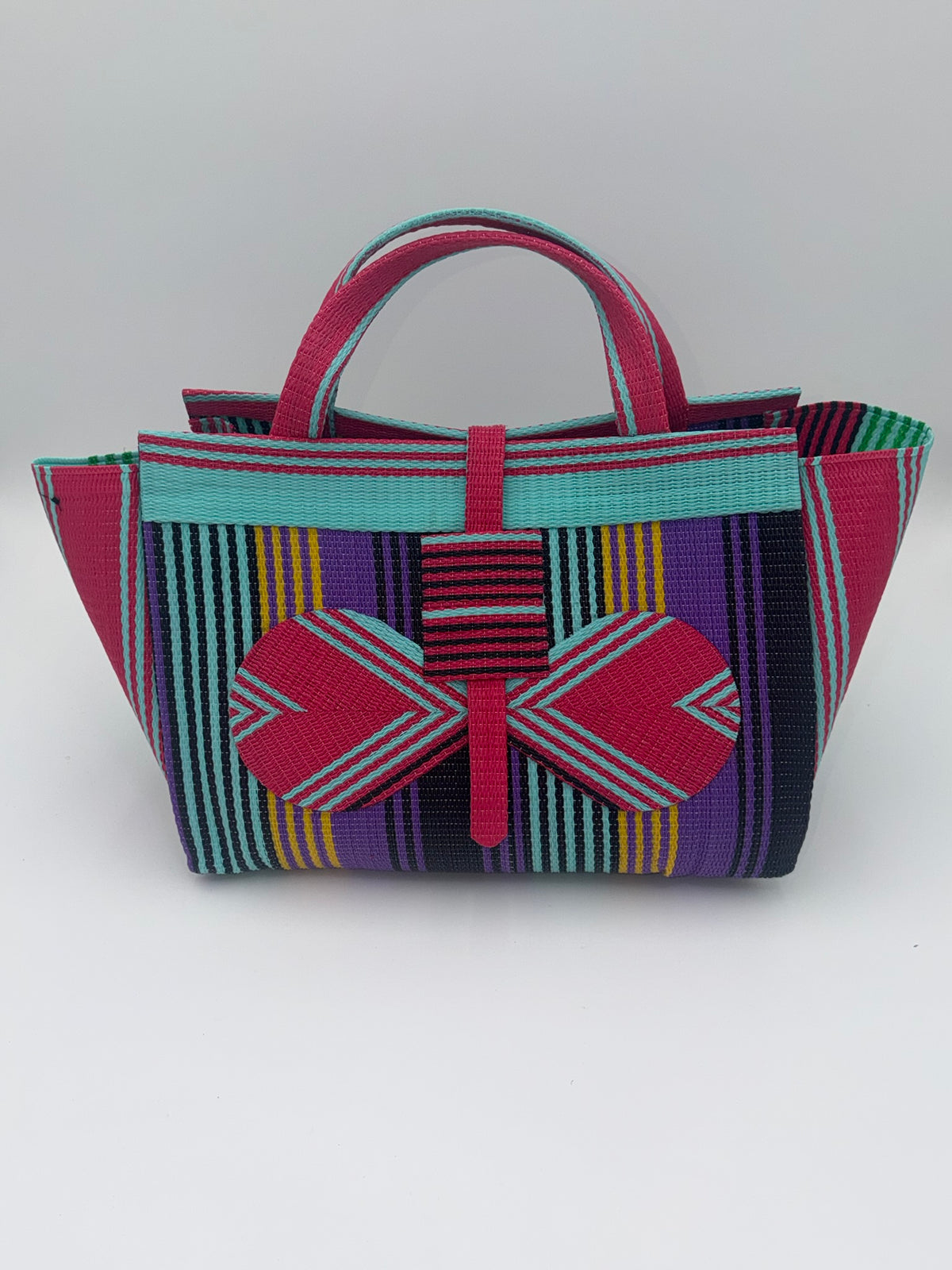 Candy Large handwoven tote bag by SCRUBIES in Pink,Teal,Purple,Black with Stripes design and Bow accent pattern