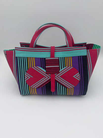Candy Large handwoven tote bag by SCRUBIES in Pink,Teal,Purple,Black with Stripes design and Bow accent pattern