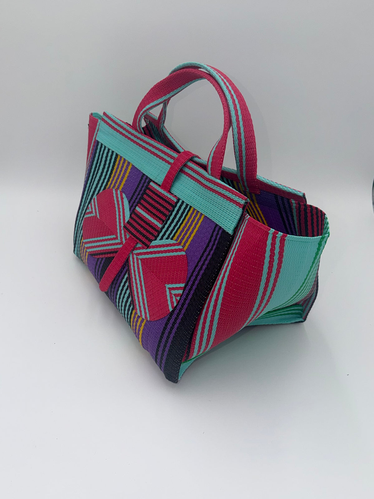 Candy Large handwoven tote bag by SCRUBIES in Pink,Teal,Purple,Black with Stripes design and Bow accent pattern