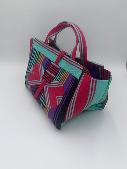 Candy Large handwoven tote bag by SCRUBIES in Pink,Teal,Purple,Black with Stripes design and Bow accent pattern
