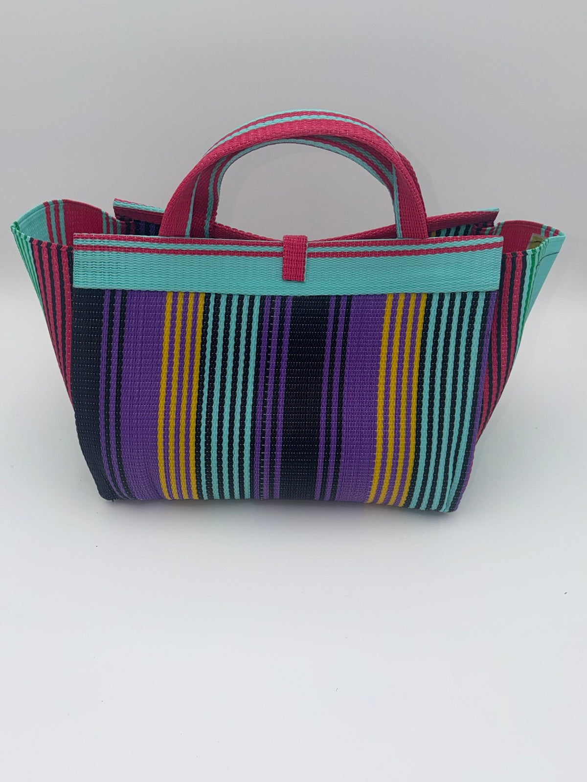Candy Large handwoven tote bag by SCRUBIES in Pink,Teal,Purple,Black with Stripes design and Bow accent pattern