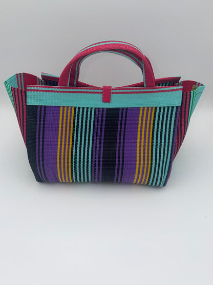 Candy Large handwoven tote bag by SCRUBIES in Pink,Teal,Purple,Black with Stripes design and Bow accent pattern