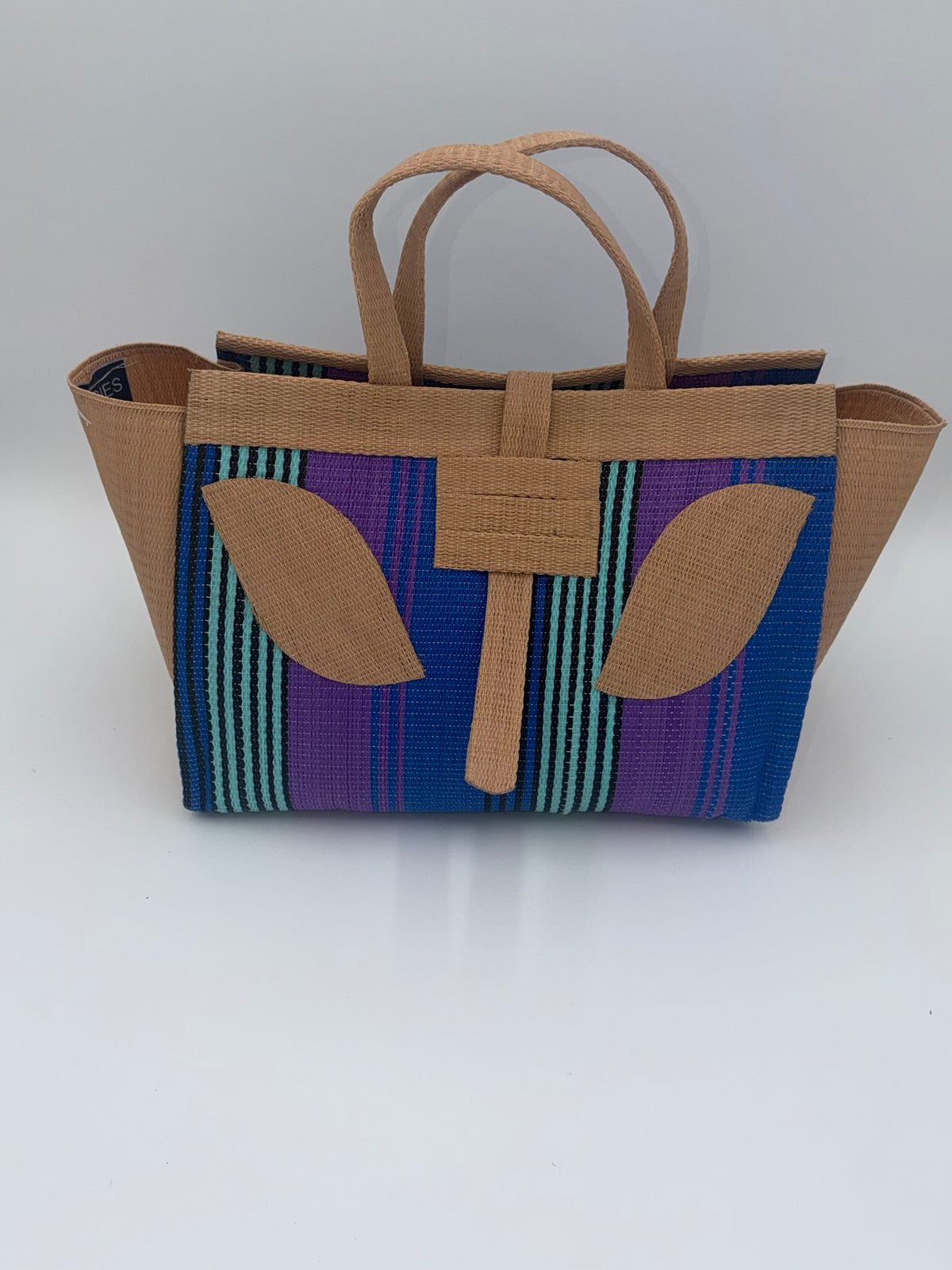 Lavender Large handwoven tote bag by SCRUBIES in Purple,Beige,Teal,Blue with Stripes design and Leaf accent pattern