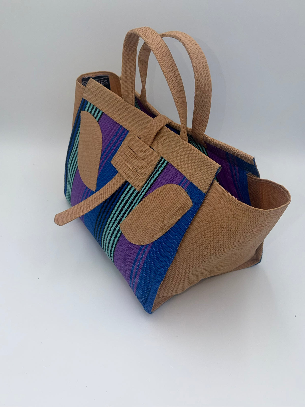 Lavender Large handwoven tote bag by SCRUBIES in Purple,Beige,Teal,Blue with Stripes design and Leaf accent pattern