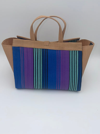 Lavender Large handwoven tote bag by SCRUBIES in Purple,Beige,Teal,Blue with Stripes design and Leaf accent pattern