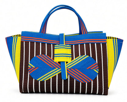 Lavender Large handwoven tote bag by SCRUBIES in Purple,Beige,Teal,Blue with Stripes design and Leaf accent pattern