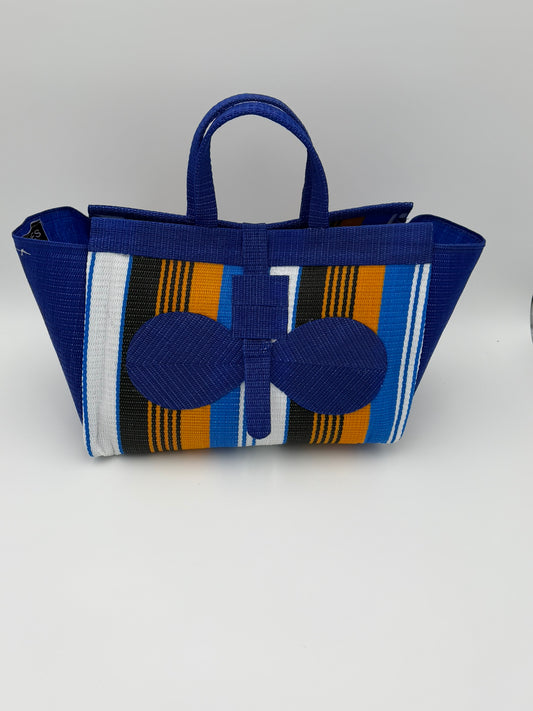 Pearl Large handwoven tote bag by SCRUBIES in Blue,White,Orange,Black with Stripes design and Bow accent pattern