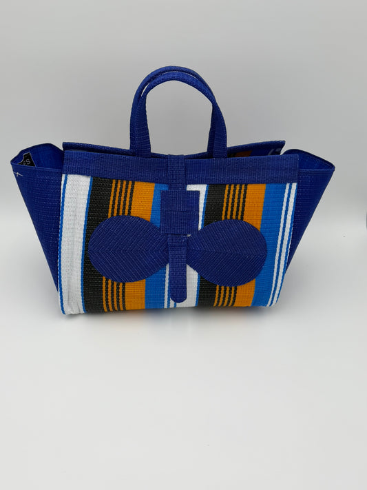 Pearl Large handwoven tote bag by SCRUBIES in Blue,White,Orange,Black with Stripes design and Bow accent pattern