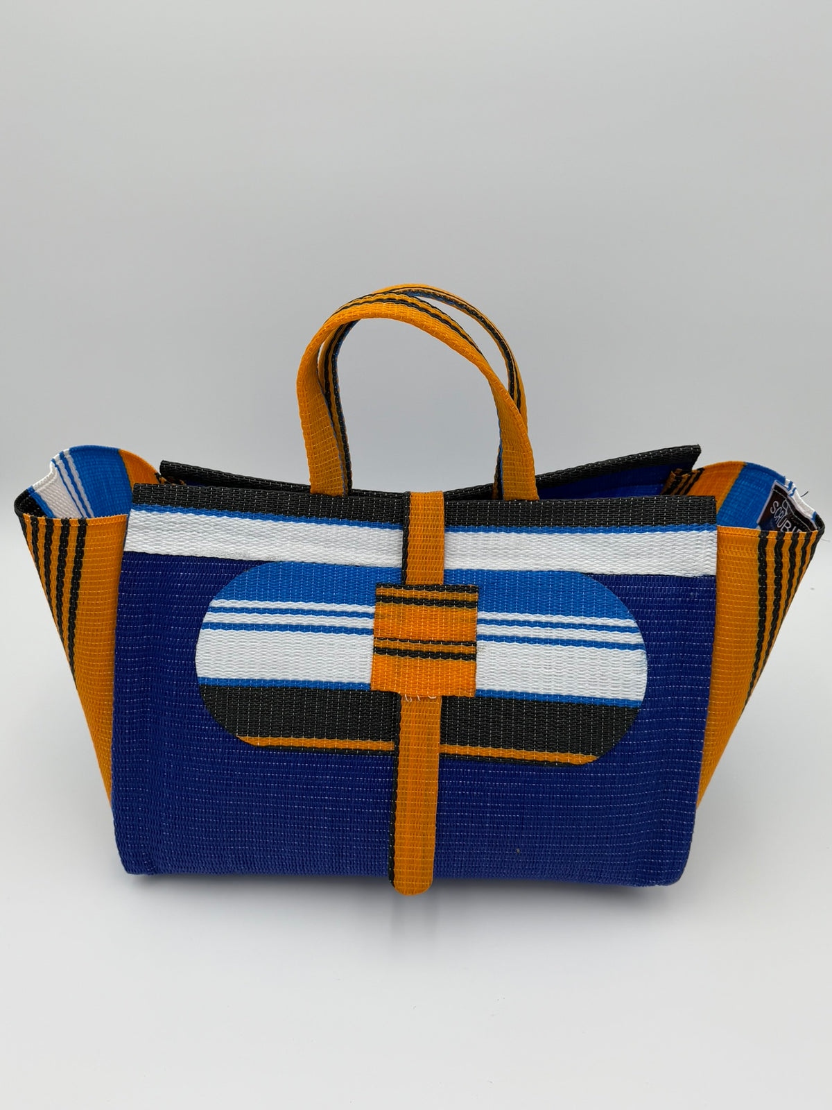 Berry Large handwoven tote bag by SCRUBIES in Blue,White,Orange,Black with Solid design and Oval accent pattern