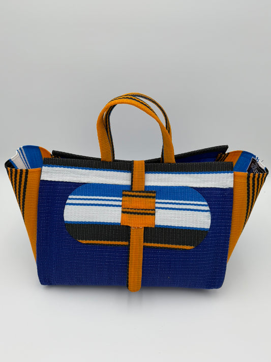 Berry Large handwoven tote bag by SCRUBIES in Blue,White,Orange,Black with Solid design and Oval accent pattern