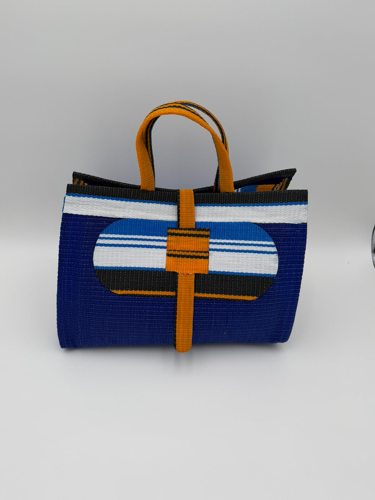Berry Large handwoven tote bag by SCRUBIES in Blue,White,Orange,Black with Solid design and Oval accent pattern