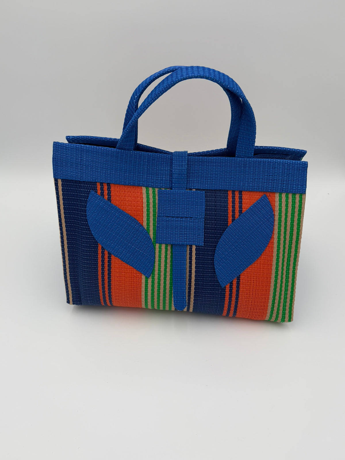 Citrus Large handwoven tote bag by SCRUBIES in Blue,Orange,Green with Stripes design and Leaf accent pattern