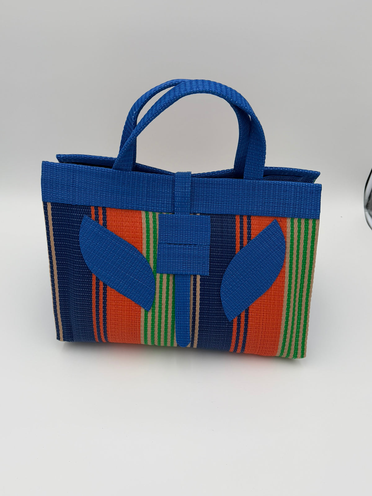 Citrus Large handwoven tote bag by SCRUBIES in Blue,Orange,Green with Stripes design and Leaf accent pattern
