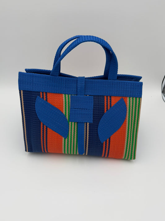 Citrus Large handwoven tote bag by SCRUBIES in Blue,Orange,Green with Stripes design and Leaf accent pattern