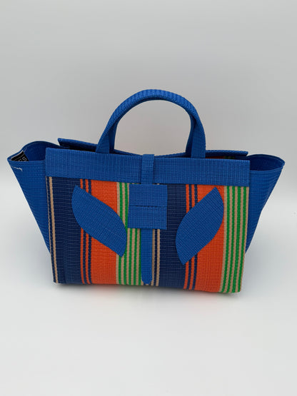 Citrus Large handwoven tote bag by SCRUBIES in Blue,Orange,Green with Stripes design and Leaf accent pattern