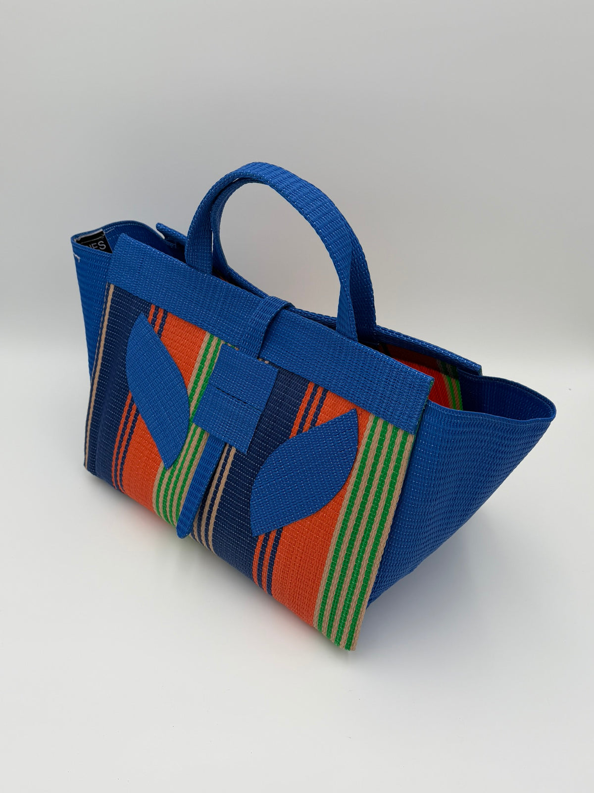 Citrus Large handwoven tote bag by SCRUBIES in Blue,Orange,Green with Stripes design and Leaf accent pattern