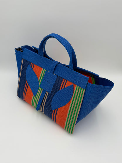 Citrus Large handwoven tote bag by SCRUBIES in Blue,Orange,Green with Stripes design and Leaf accent pattern