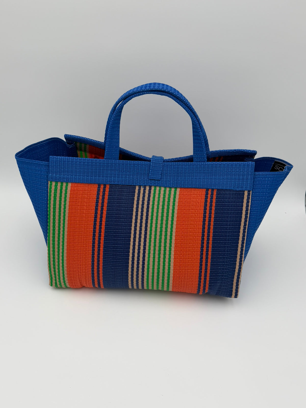 Citrus Large handwoven tote bag by SCRUBIES in Blue,Orange,Green with Stripes design and Leaf accent pattern
