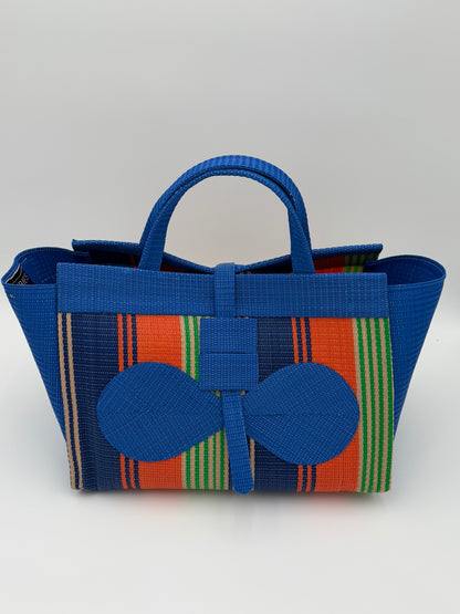 Citrus Large handwoven tote bag by SCRUBIES in Blue,Orange,Green with Stripes design and Bow accent pattern