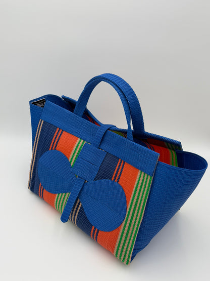 Citrus Large handwoven tote bag by SCRUBIES in Blue,Orange,Green with Stripes design and Bow accent pattern