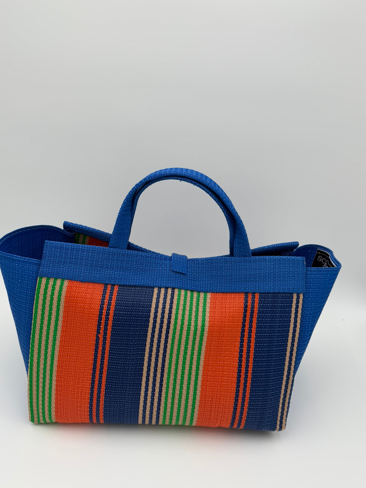 Citrus Large handwoven tote bag by SCRUBIES in Blue,Orange,Green with Stripes design and Bow accent pattern