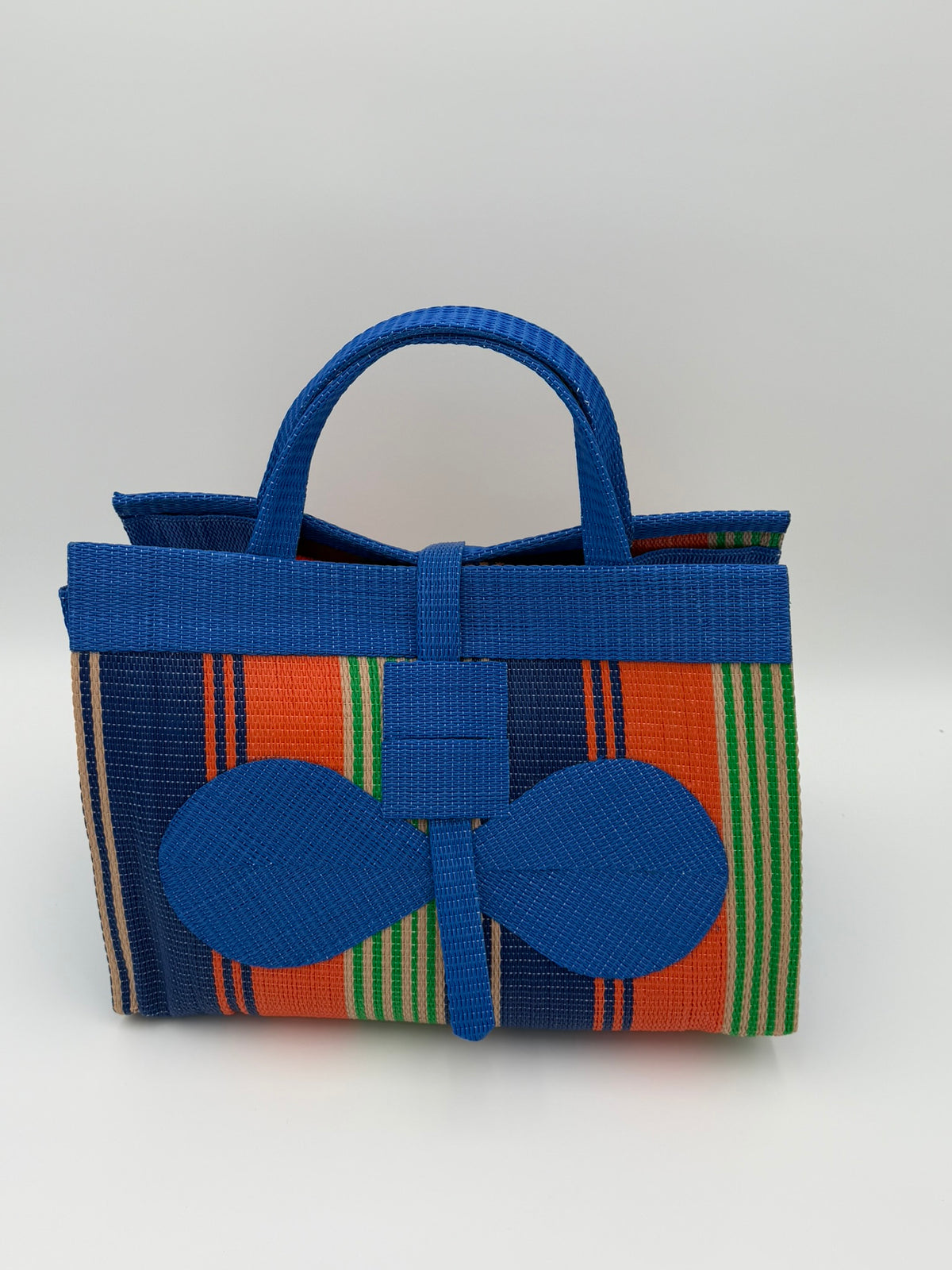Citrus Large handwoven tote bag by SCRUBIES in Blue,Orange,Green with Stripes design and Bow accent pattern