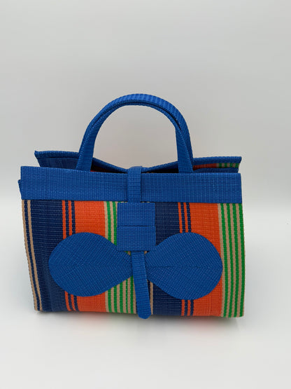 Citrus Large handwoven tote bag by SCRUBIES in Blue,Orange,Green with Stripes design and Bow accent pattern