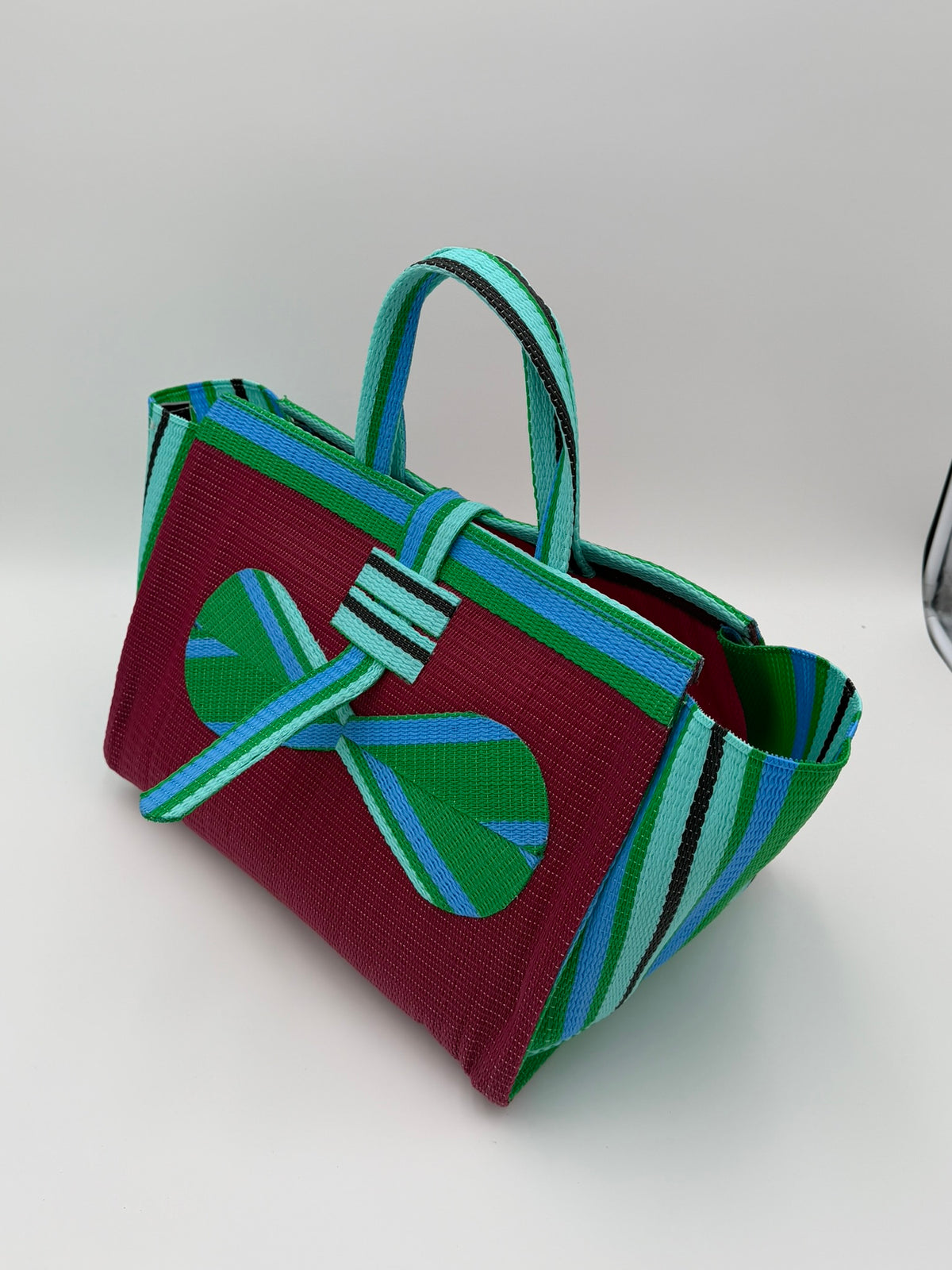 Winery Large handwoven tote bag by SCRUBIES in Wine,Green,Teal with Solid design and Bow accent pattern