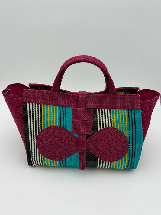 Emerald Large handwoven tote bag by SCRUBIES in Wine,Green,Black with Stripes design and Bow accent pattern