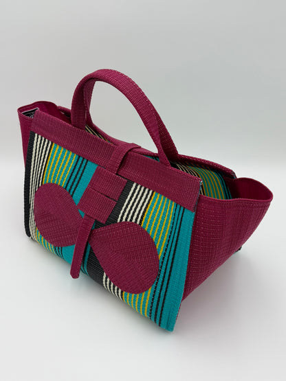 Emerald Large handwoven tote bag by SCRUBIES in Wine,Green,Black with Stripes design and Bow accent pattern