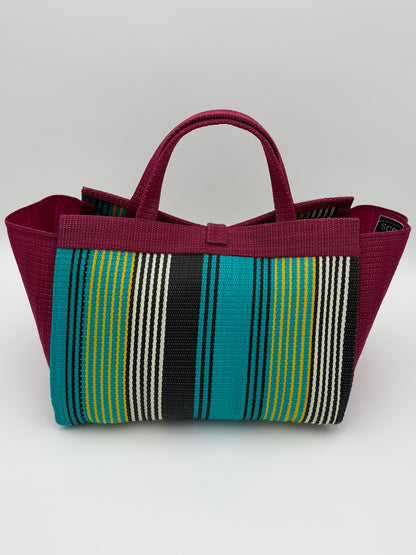 Emerald Large handwoven tote bag by SCRUBIES in Wine,Green,Black with Stripes design and Bow accent pattern