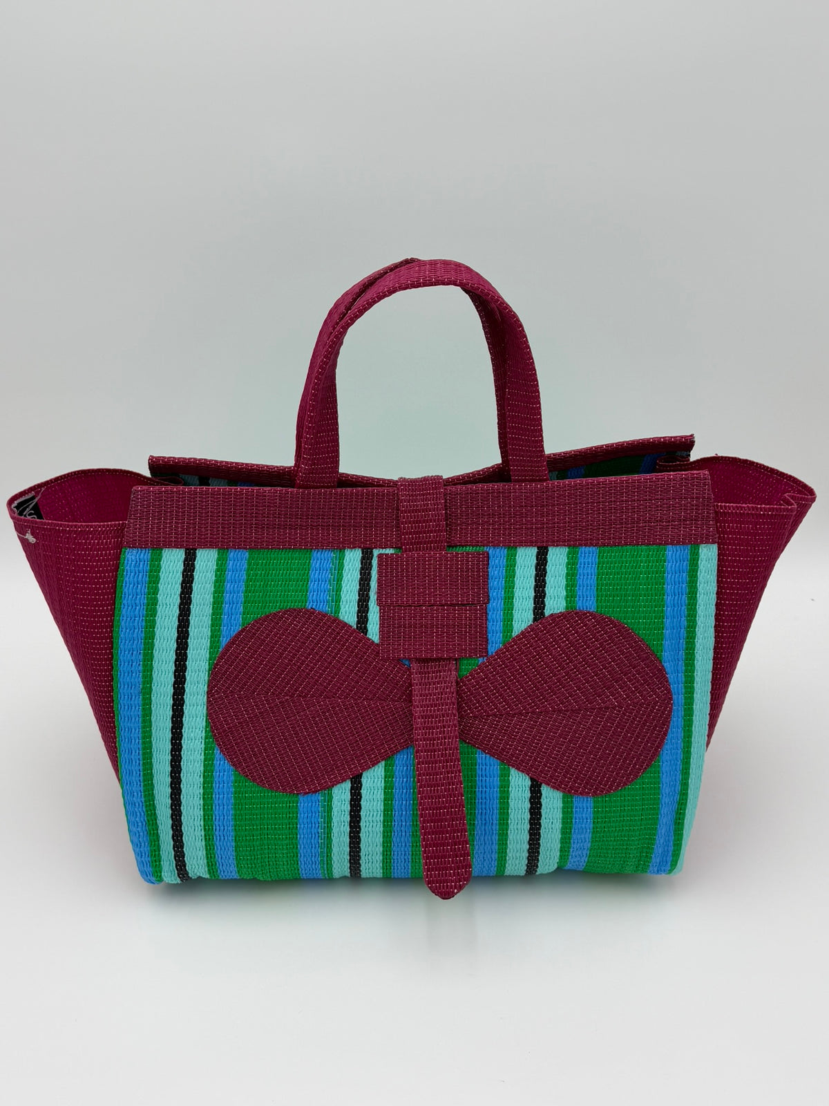 Emerald Large handwoven tote bag by SCRUBIES in White,Green,Teal with Stripes design and Bow accent pattern