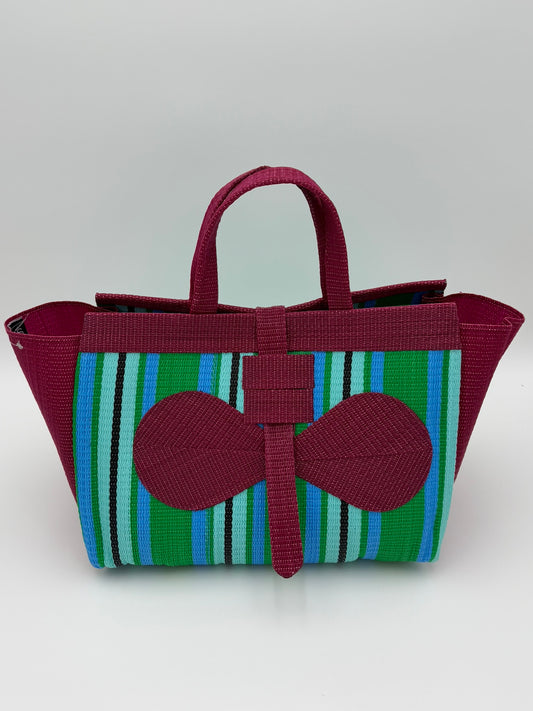 Emerald Large handwoven tote bag by SCRUBIES in White,Green,Teal with Stripes design and Bow accent pattern