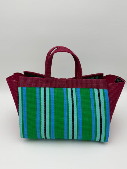 Emerald Large handwoven tote bag by SCRUBIES in White,Green,Teal with Stripes design and Bow accent pattern