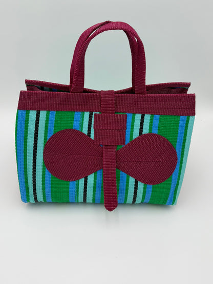 Emerald Large handwoven tote bag by SCRUBIES in White,Green,Teal with Stripes design and Bow accent pattern