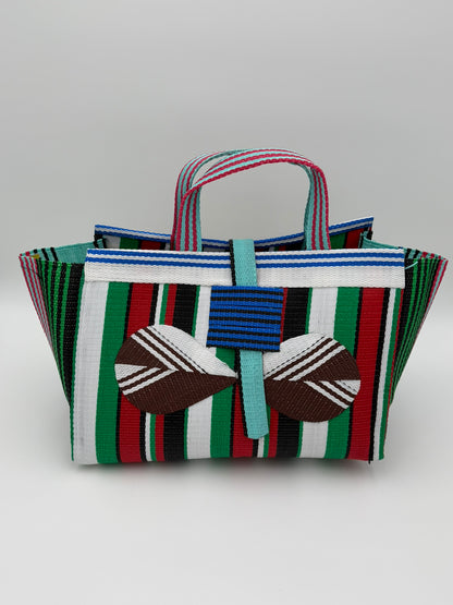 Arabian Large handwoven tote bag by SCRUBIES in Green,White,Red,Black with Stripes design and Bow  accent pattern